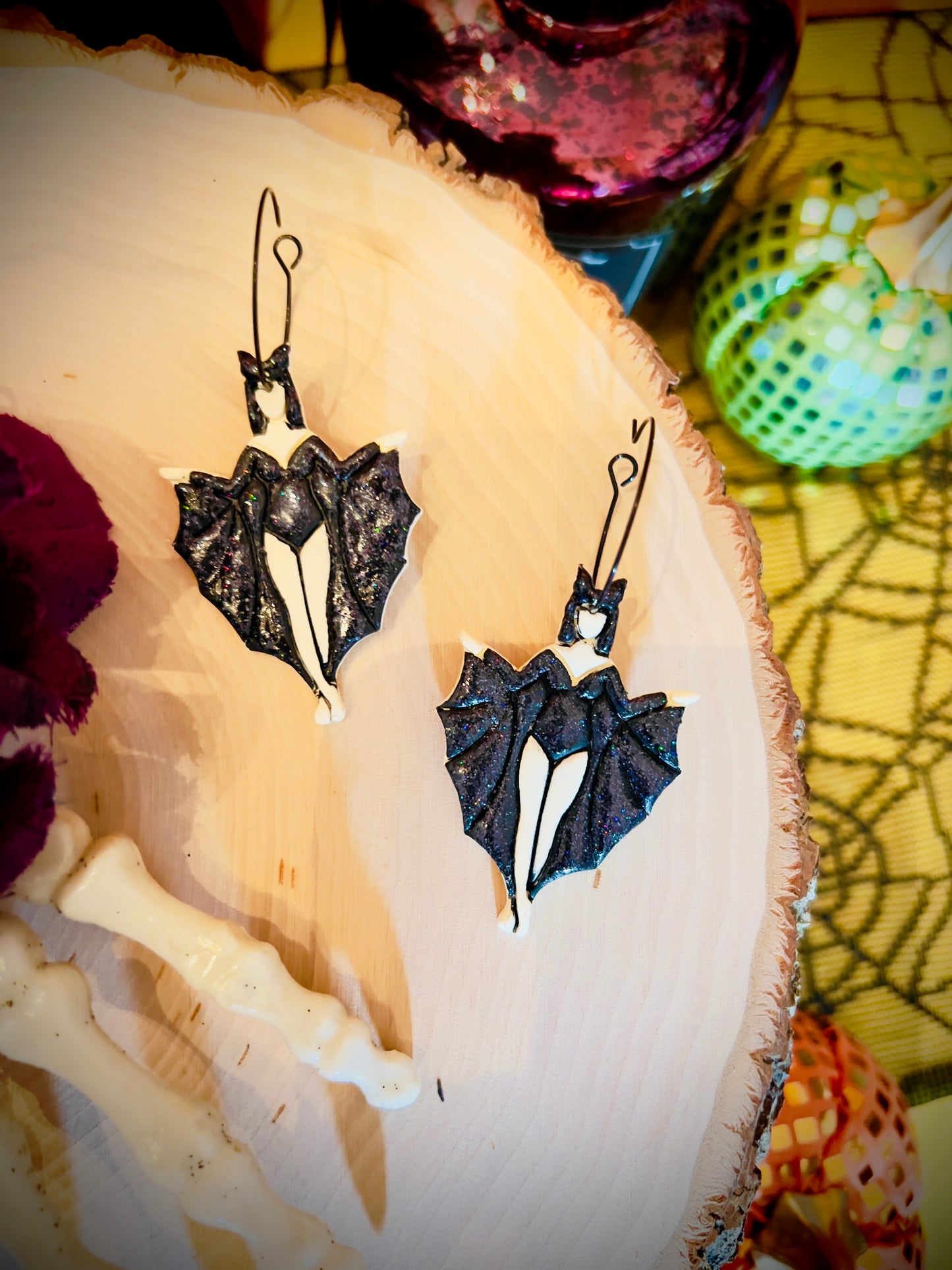 Hand painted bat woman earrings