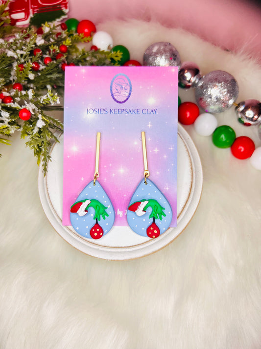 Grinch hand w/ornament earring