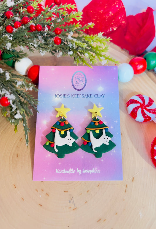 Christmas tree cat earrings