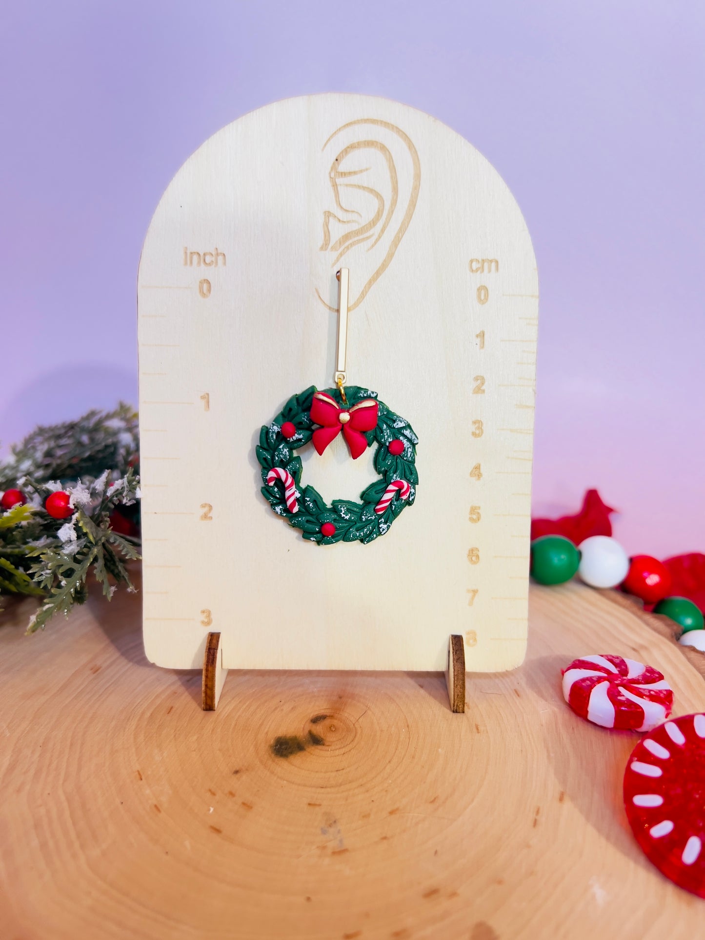 Candy cane wreath earrings