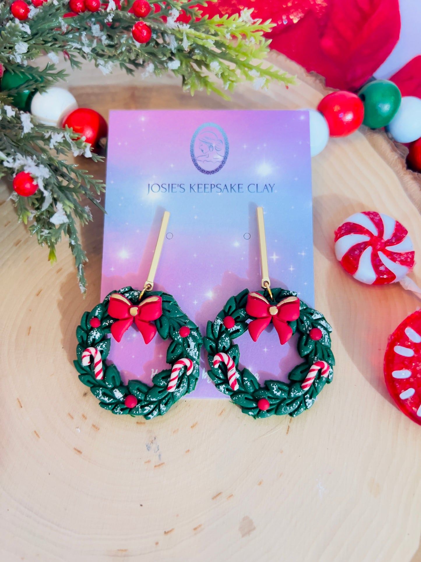 Candy cane wreath earrings