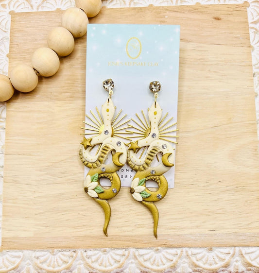 Beige and Gold Snake Earrings